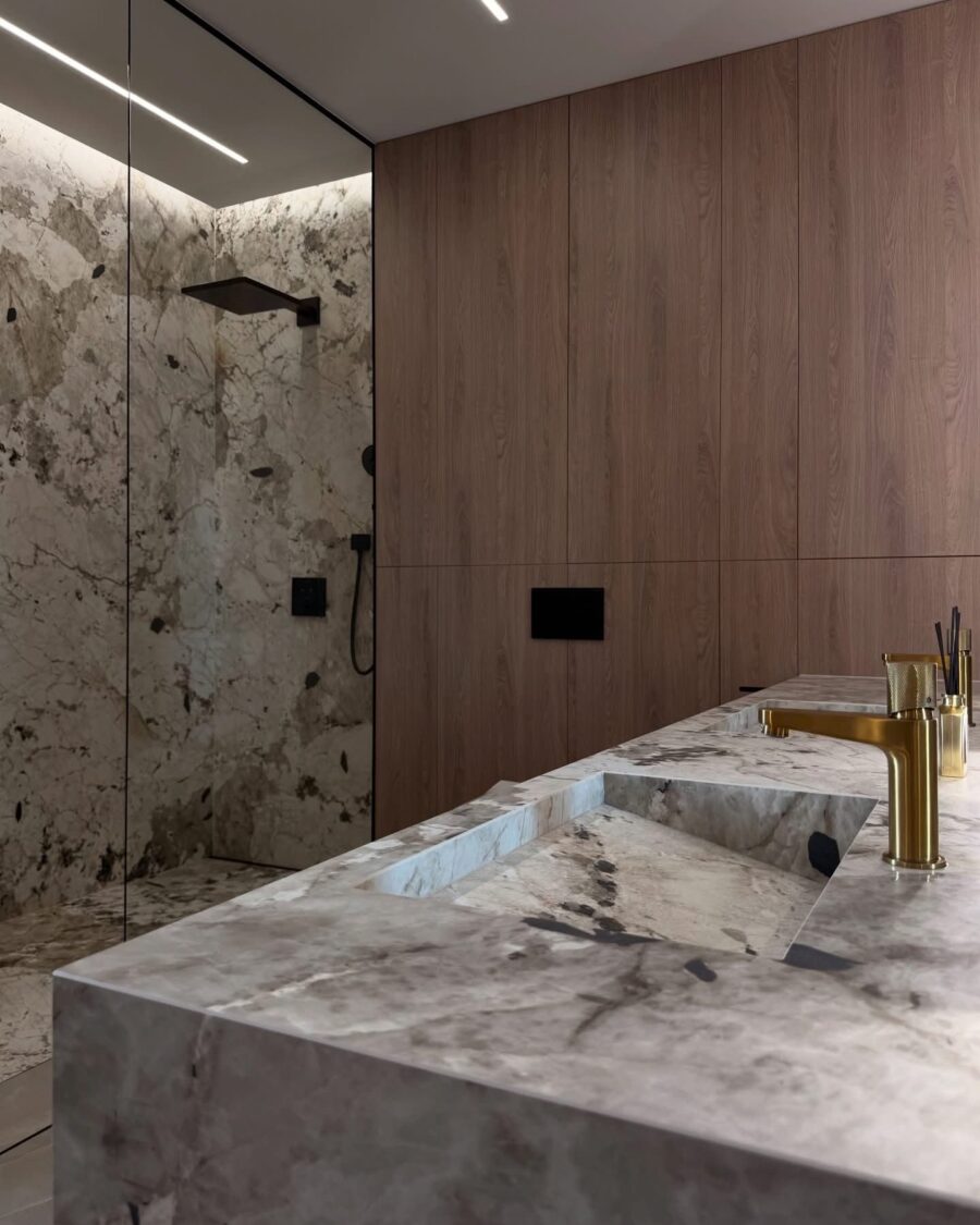 Stone and Walnut Bathroom