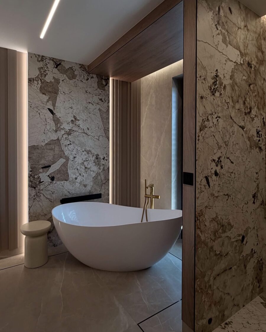 Stone and Walnut Bathroom